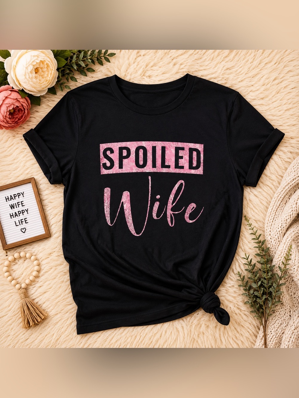 Spoiled Wife Graphic Tee - Black with Pink Print